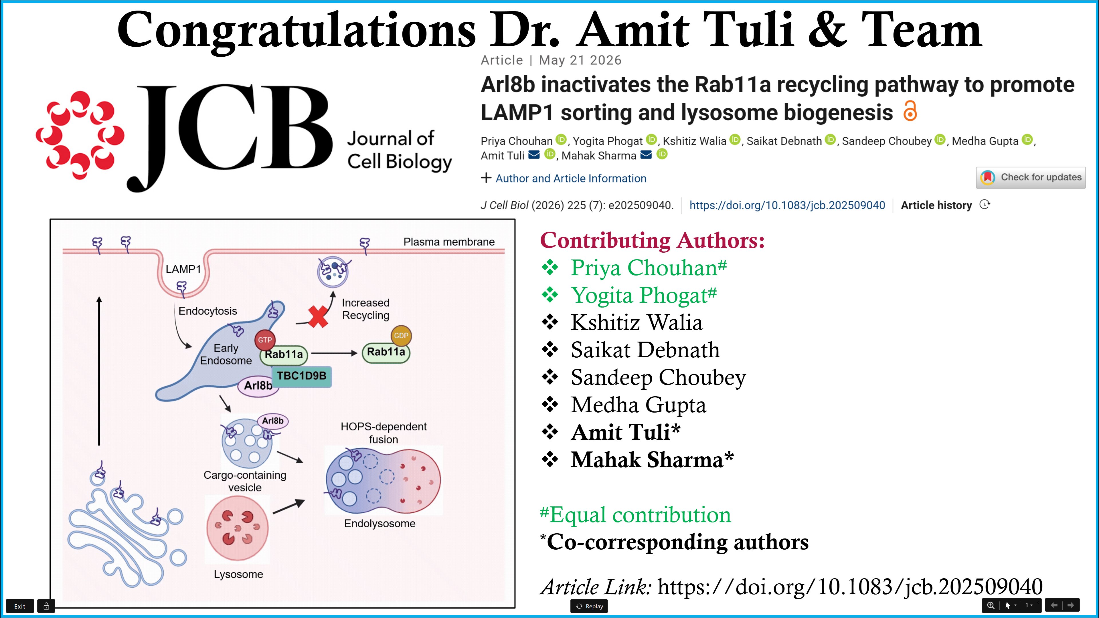 Congratulations to Dr. Amit Tuli and his team on acceptance of the Publication